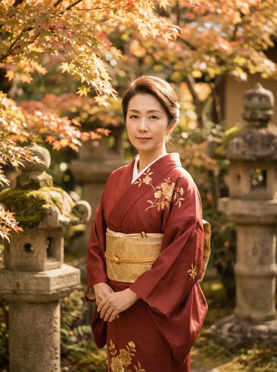 一位身穿暗红色和服的优雅 杏彩体育官网官网 在日式庭院中